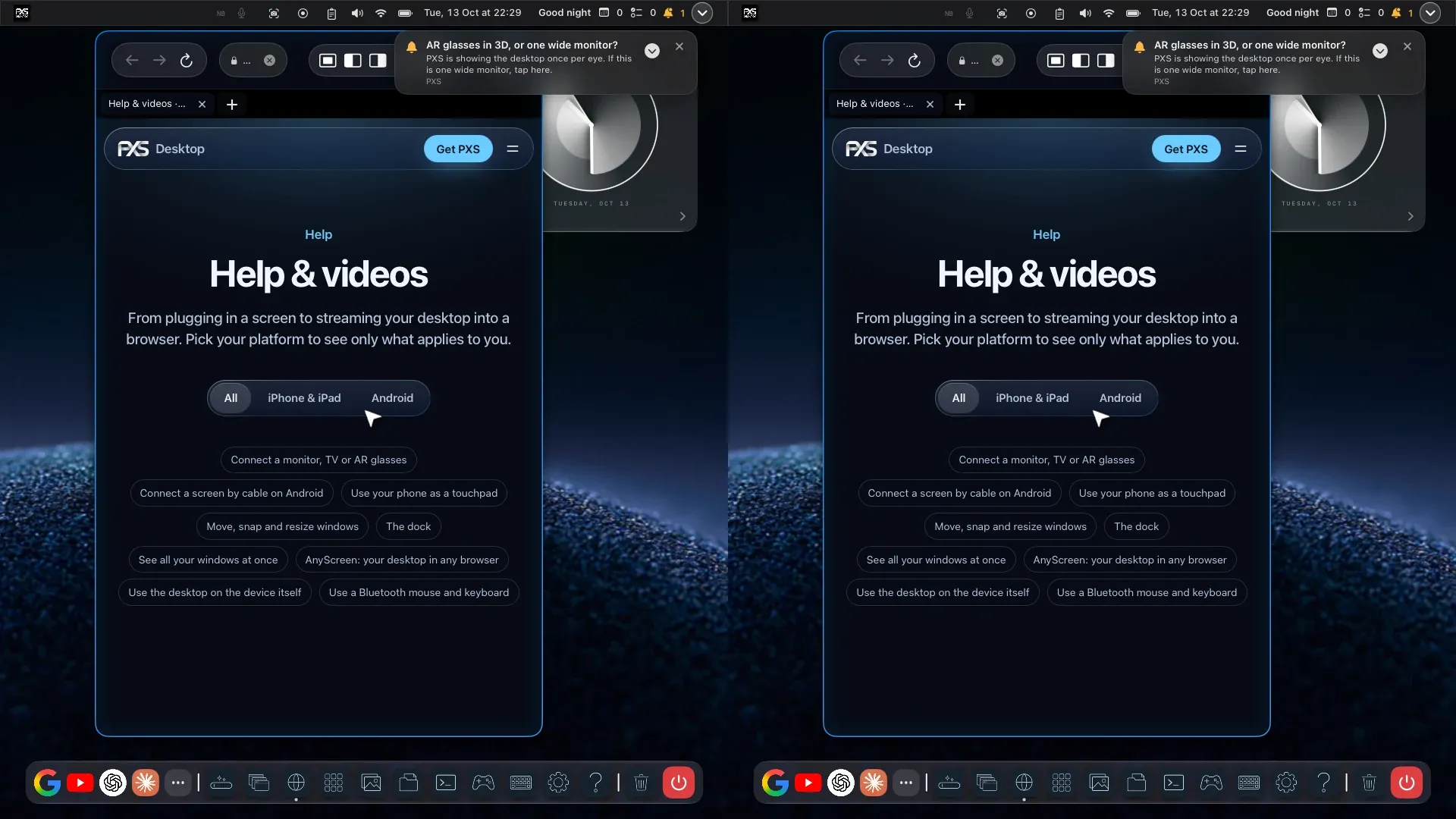 The PXS desktop drawn twice side by side, once for each eye. Both show the same browser window, dock and menu bar.
