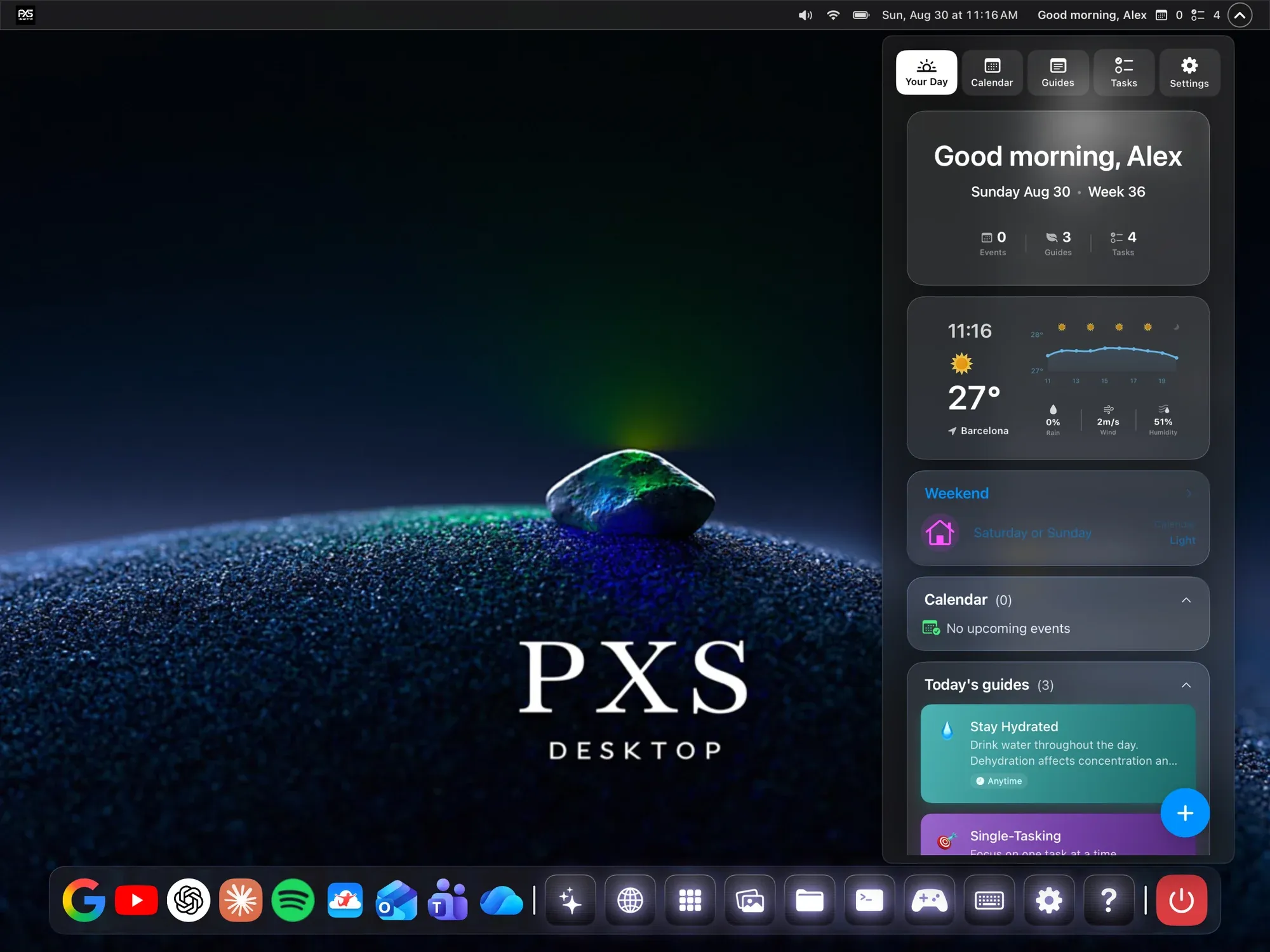 The PXS desktop with its dock along the bottom.