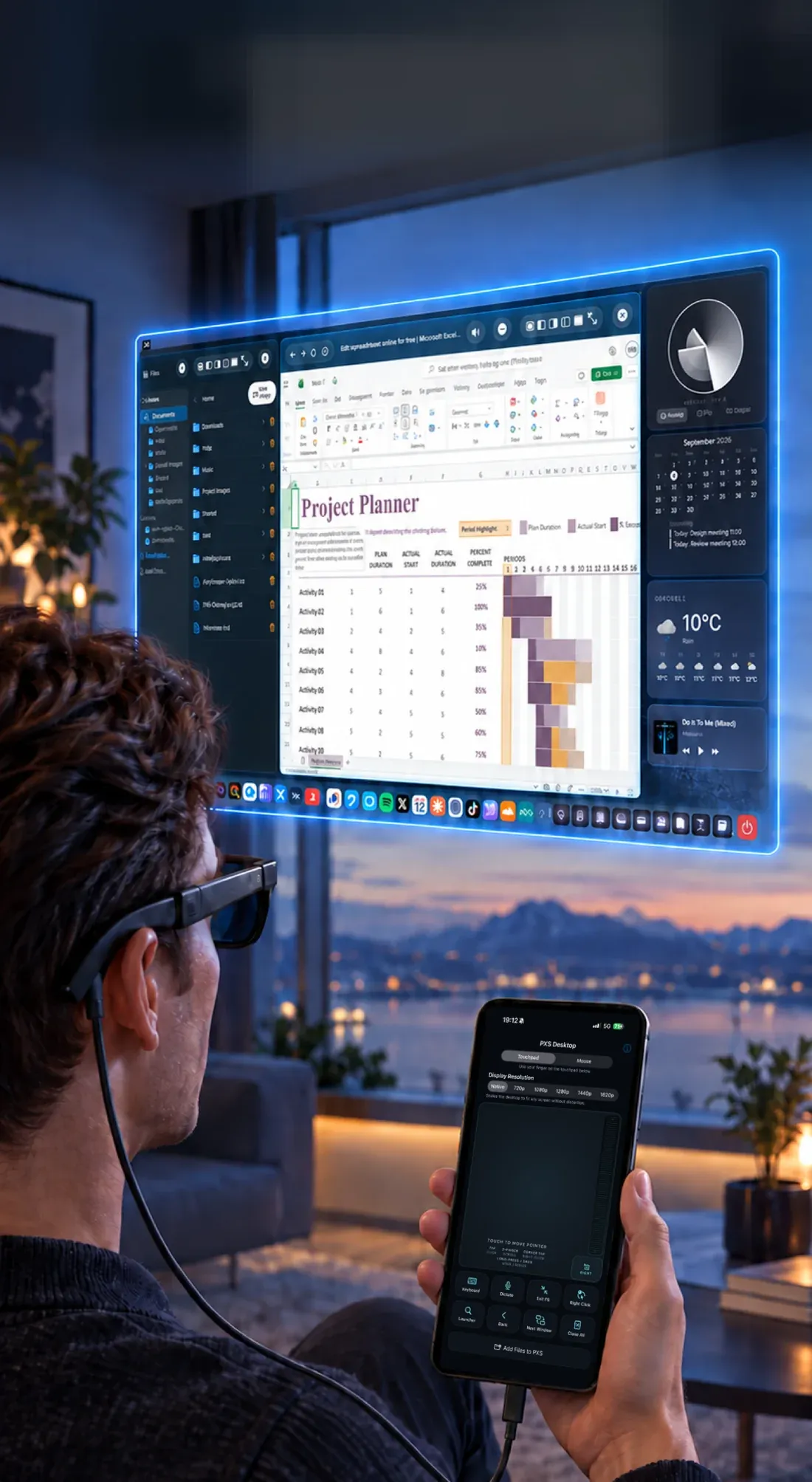 AR glasses showing a floating PXS desktop, with an iPhone as the touchpad.