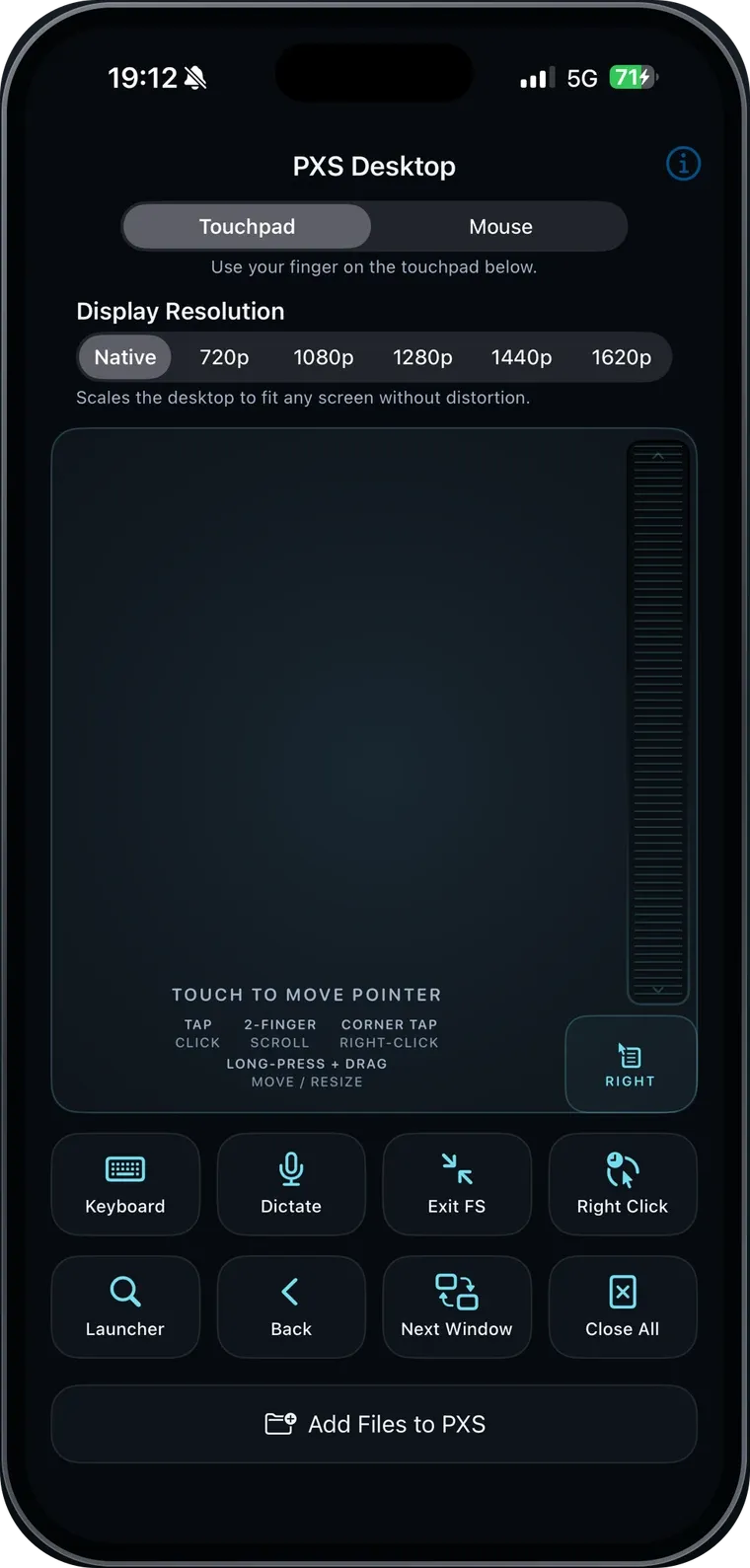 The PXS touchpad screen on an iPhone.